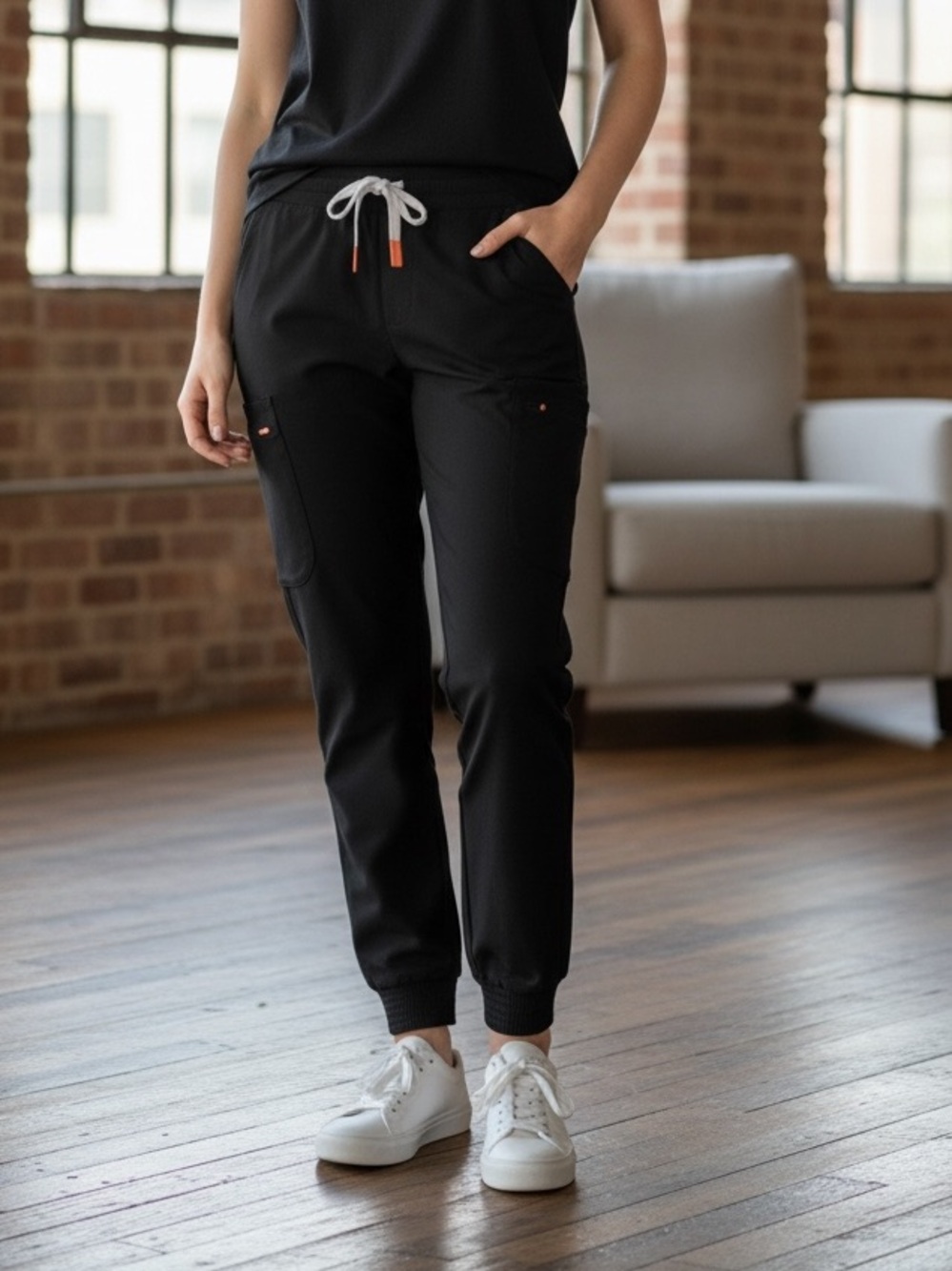 Vintage Figs Black Zamora Cargo Jogger Pants with  Pink/ Coral Accents